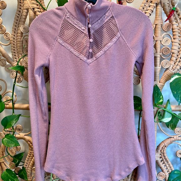 Free People Victorian High Collar Lace and Mesh Dusty Rose Long Sleeve Shirt - Picture 2 of 7